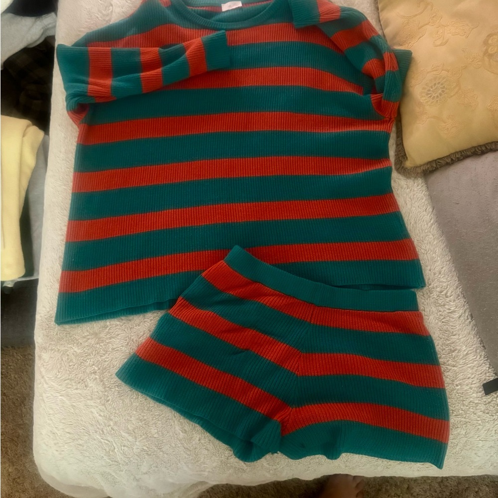 Pink Lily Women's sweater Set - Teal and orange Stripes
